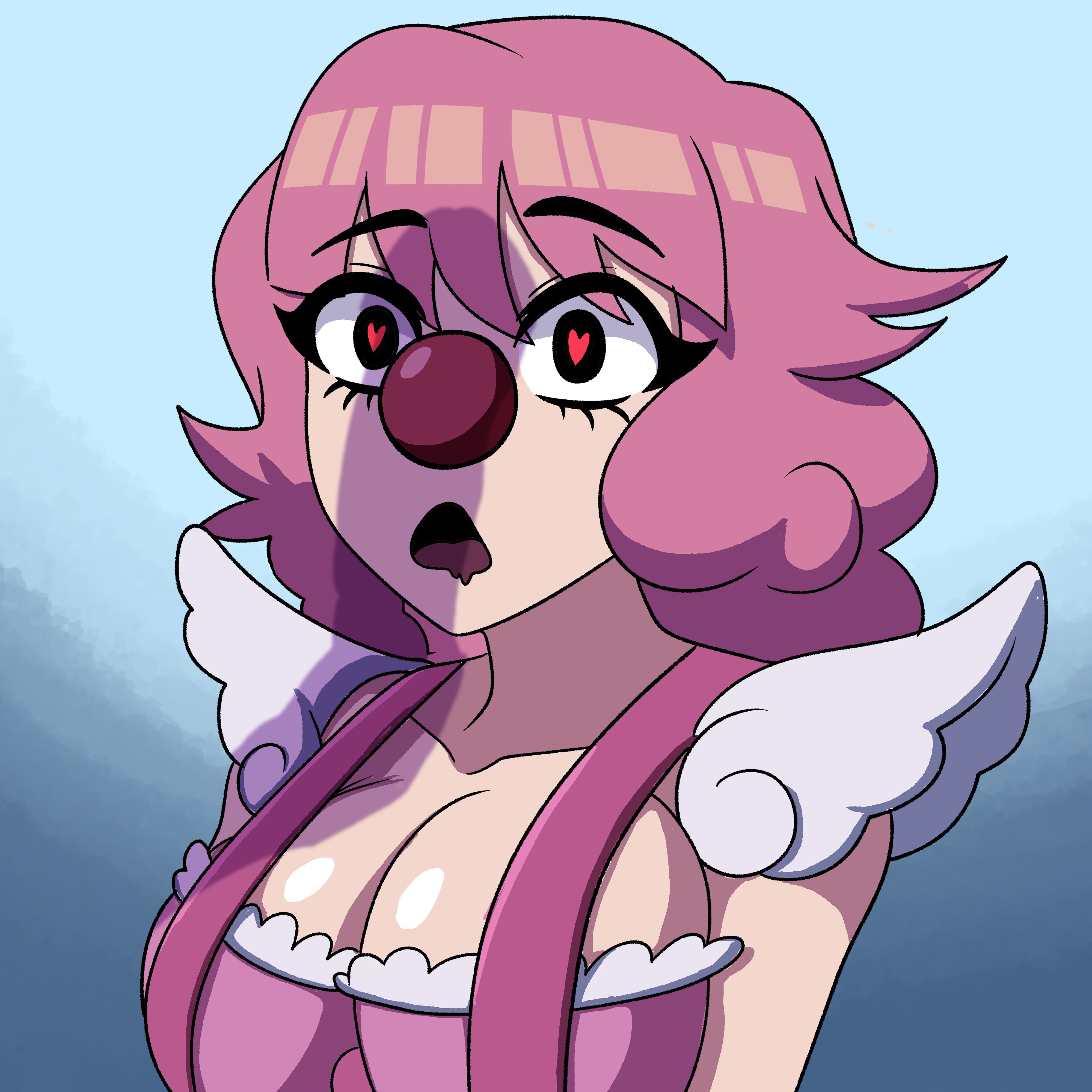 1girl absurdres ace_attorney alternate_breast_size black_eyes breasts cleavage clown clown_girl clown_nose commentary drooling english_commentary geiru_toneido heart heart-shaped_pupils highres large_breasts looking_at_penis ludinsketches open_mouth penis_awe penis_shadow phoenix_wright:_ace_attorney_-_spirit_of_justice pink_hair shadow shoulder_pads solo suspenders symbol-shaped_pupils upper_body