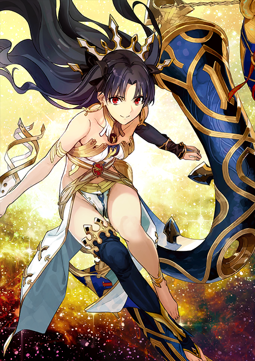 1girl anklet armlet asymmetrical_legwear asymmetrical_sleeves bare_shoulders black_bow black_hair black_sleeves black_thighhighs bow breasts closed_mouth collarbone curtained_hair detached_sleeves earrings fate/grand_order fate_(series) floating floating_hair gold_anklet gold_armlet gold_belt gold_collar gold_earrings gold_trim groin hair_bow heavenly_boat_maanna holding ishtar_(fate) jewelry leaning_forward long_hair looking_at_viewer morii_shizuki no_shoes official_art pelvic_curtain red_eyes shirt single_bare_leg single_detached_sleeve single_thighhigh skirt smile solo star_(sky) starry_sky_background strapless thighhighs third-party_source tiara toes two_side_up variant_set white_shirt white_skirt white_tiara yellow_background