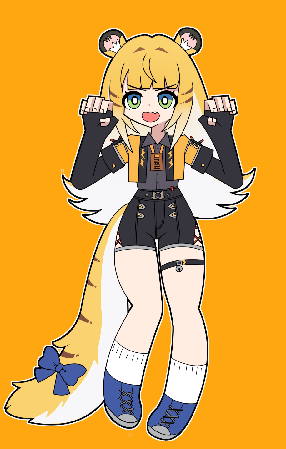 1girl animal_ear_fluff animal_ears blonde_hair doae green_eyes high-waist_shorts highres hime_cut ju_fufu long_hair looking_at_viewer orange_fur shorts simple_background smile solo striped_fur tail tiger_ears tiger_girl tiger_tail white_background zenless_zone_zero