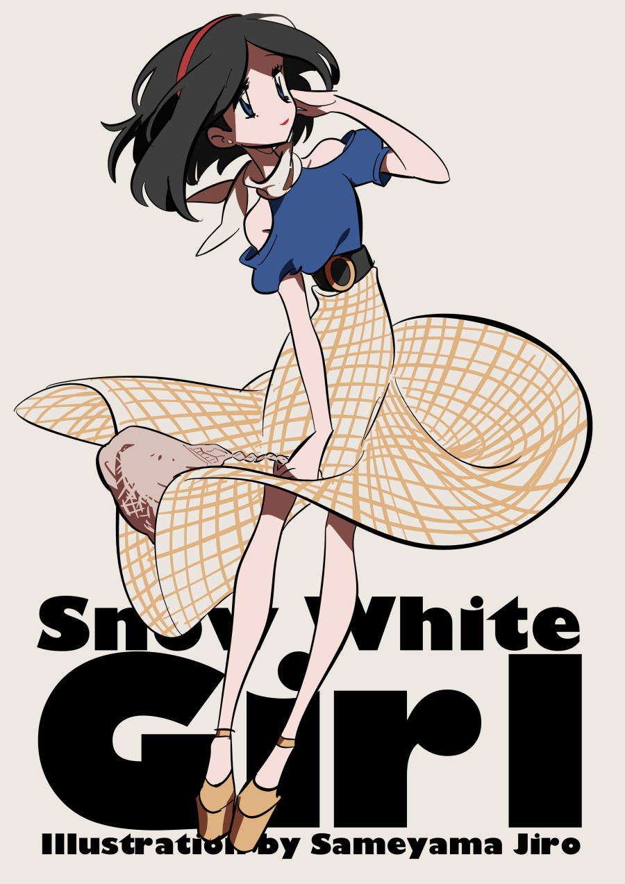 1girl artist_name bag belt black_belt black_hair blue_eyes blue_shirt brown_shoes checkered_clothes checkered_skirt closed_mouth eyelashes full_body highres holding holding_bag sameyama_jiro scarf shirt shoes short_hair short_sleeves simple_background skirt snow_white_(disney) snow_white_and_the_seven_dwarfs solo white_background white_scarf