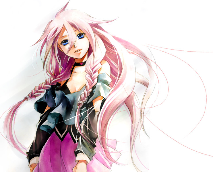 1girl bare_shoulders blue_eyes braid breasts choker cleavage detached_sleeves female_focus heart ia_(vocaloid) long_hair looking_at_viewer open_mouth pink_hair simple_background skirt smile solo toyu twin_braids very_long_hair vocaloid white_background