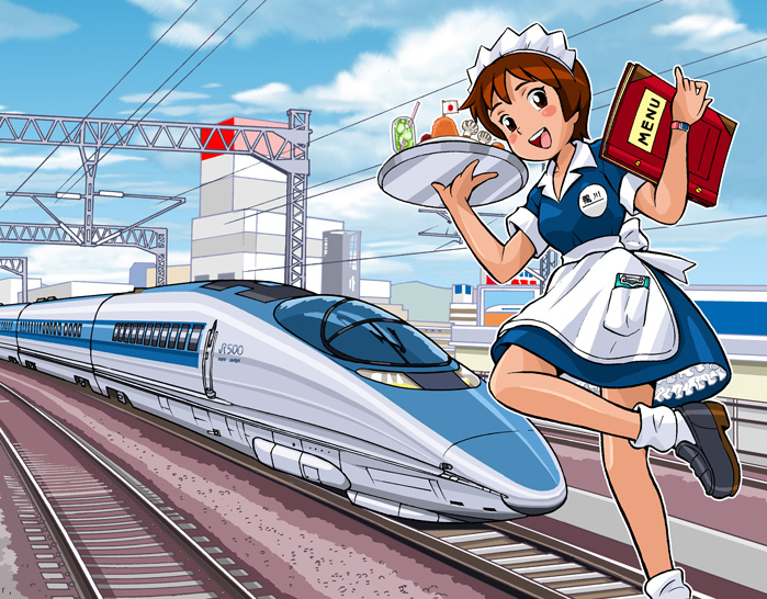 00s 1girl day female_focus futatsu_no_spica high-speed_train kamogawa_asumi lim mini_flag multiple_unit_train outdoors pocket shinkansen socks solo train tray twin_spica waitress white_socks