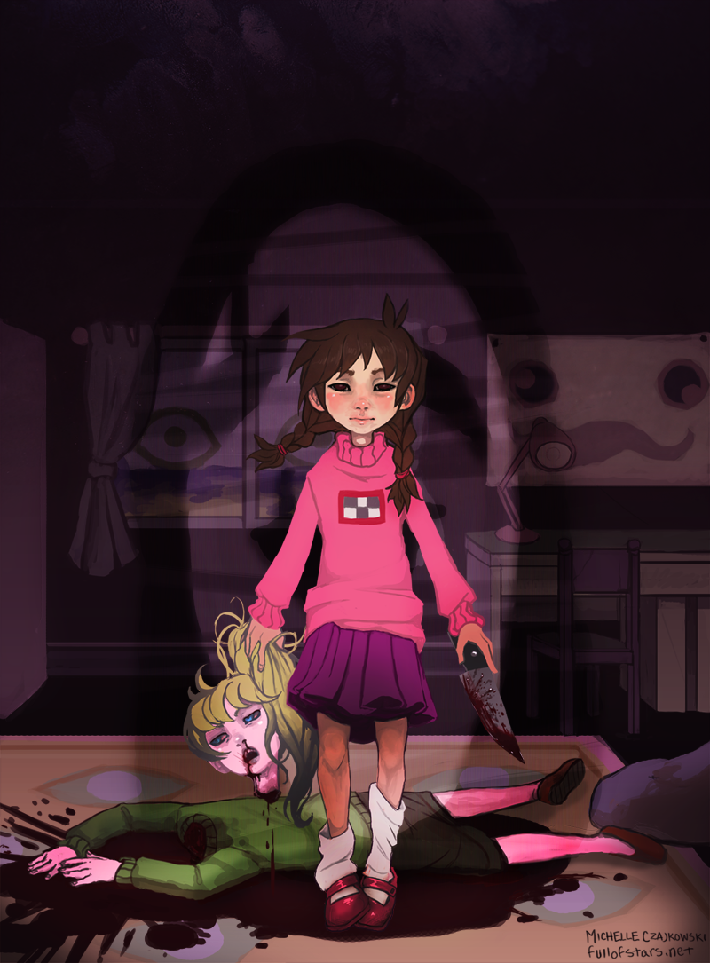 2girls artist_name avasdemon blonde_hair blood blue_eyes braid brown_hair carpet chair corpse curtains expressionless full_body green_shirt guro indoors knife lamp looking_at_viewer madotsuki mary_janes multiple_girls murder pink_shirt poniko purple_skirt red_eyes room rug severed_head shadow shirt shoes skirt socks standing sweater table twin_braids uboa window yume_nikki