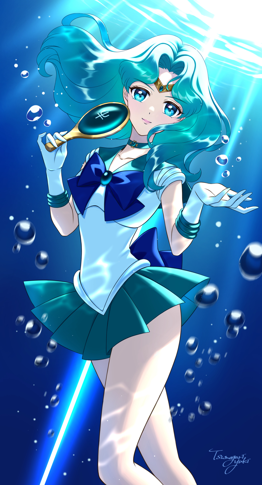 1girl air_bubble aqua_choker aqua_sailor_collar aqua_skirt bishoujo_senshi_sailor_moon blue_bow blue_eyes bow bubble choker circlet closed_mouth deep_aqua_mirror feet_out_of_frame floating_hair gloves gold_circlet hand_mirror highres holding holding_mirror kaiou_michiru long_hair looking_at_viewer magical_girl mirror neptune_symbol pink_lips pleated_skirt sailor_collar sailor_neptune sailor_senshi_uniform signature skirt solo sunlight tsumagari_yuki underwater white_gloves