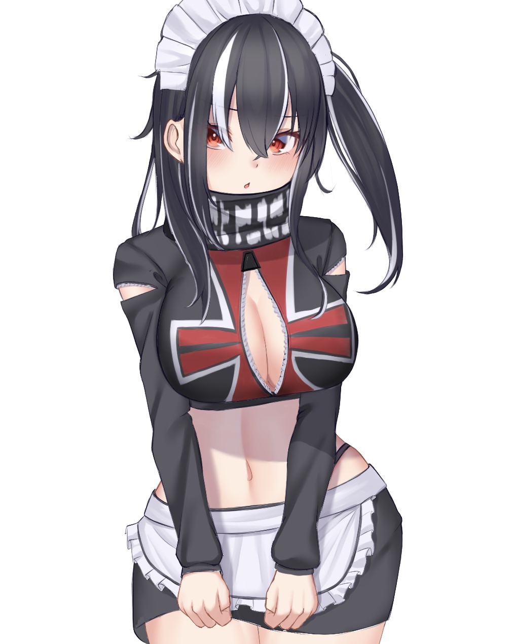 1girl :o apron azur_lane black_hair black_skirt blush breasts cleavage cowboy_shot crossed_bangs highres large_breasts long_hair long_sleeves looking_at_viewer maid_headdress mashiro03 midriff miniskirt multicolored_hair navel official_alternate_costume parted_lips red_eyes side_ponytail simple_background skirt solo streaked_hair u-47_(azur_lane) u-47_(urban_maid)_(azur_lane) white_apron white_background white_hair white_headwear