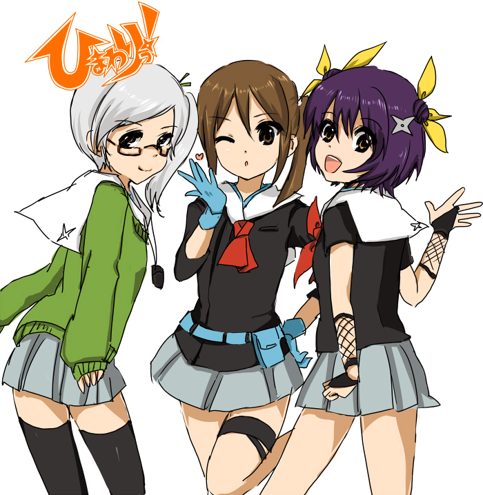 00s 1boy 2girls azami azami_(himawari) bad_id bad_pixiv_id belt black_thighhighs blowing_kiss bridal_gauntlets brown_hair double_bun fishnets glasses gloves green_shirt hair_bun hair_ribbon hand_on_own_hip heart himawari himawari! hinata_himawari hip_focus hyuuga_himawari leg_lift looking_at_viewer looking_back masaki_(celesta) multiple_girls ninja one_eye_closed orange_eyes purple_hair ribbon school_uniform serafuku shikimi shikimi_(himawari) shirt short_hair shuriken side_ponytail silver_hair skirt smile sweater thigh_strap thighhighs trap weapon wink zettai_ryouiki