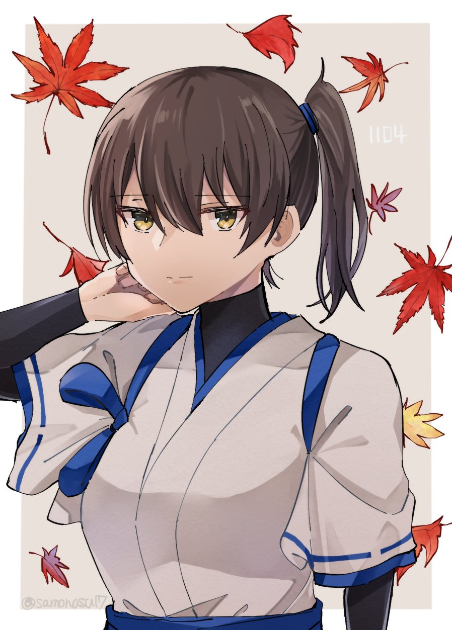 1girl autumn_leaves border brown_eyes brown_hair commentary_request grey_background highres kaga_(kancolle) kantai_collection leaf long_hair looking_at_viewer samonasu17 side_ponytail solo tasuki two-tone_background undershirt upper_body white_border