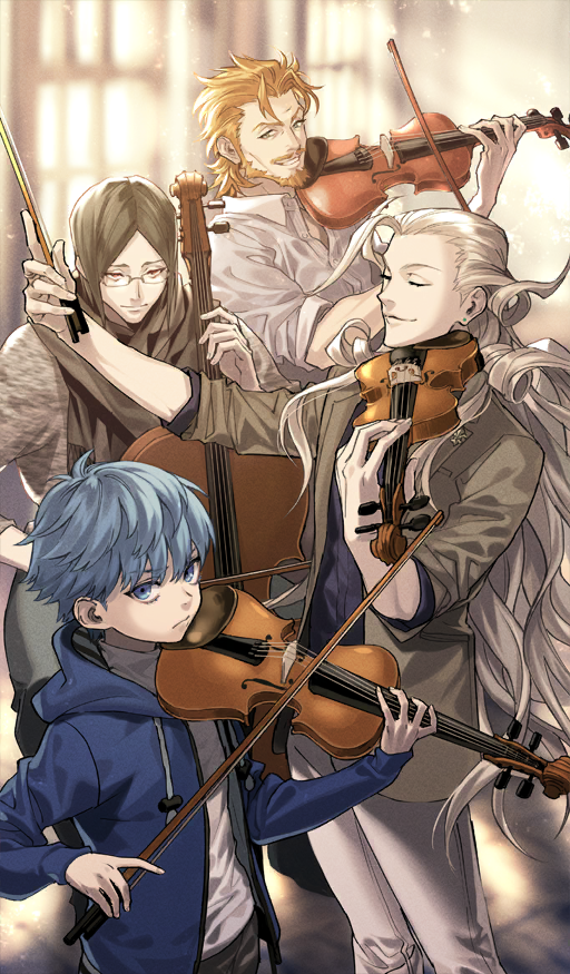 4boys beard black_hair black_pants black_scarf blue_eyes blue_hair blue_hoodie bow_(music) brown_jacket cello child closed_eyes commentary cowboy_shot earrings facial_hair fate/grand_order fate_(series) full_beard glasses grey_sweater hair_slicked_back hans_christian_andersen_(fate) holding holding_bow_(music) holding_instrument hood hoodie indoors instrument jacket jewelry komiya_kuniharu long_hair looking_at_viewer male_focus medium_hair multiple_boys music mustache official_alternate_costume official_art open_clothes open_jacket orange_hair pants parted_hair phantom_of_the_opera_(fate) playing_instrument revision scarf shirt short_hair sitting sleeves_rolled_up standing string_quartet sunlight sweater third-party_source turtleneck unbuttoned unbuttoned_shirt very_long_hair viola_(instrument) violin white_hair white_pants white_shirt william_shakespeare_(fate) window wolfgang_amadeus_mozart_(fate) yellow_eyes