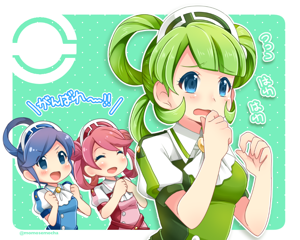 3girls blue_eyes blue_hair blush breasts closed_eyes double_bun green_background green_hair hair_bun hair_rings hat long_hair medium_breasts momosemocha multiple_girls nintendo nurse_cap open_mouth pink_hair pokemon pokemon_masters_ex puffy_short_sleeves puffy_sleeves short_sleeves siblings sisters smile swept_bangs tricia_(pokemon) trinnia_(pokemon) trista_(pokemon) twitter_username upper_body