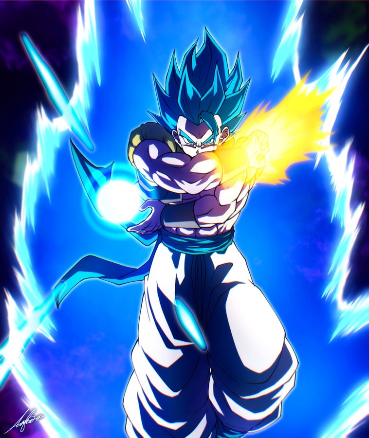 abs aura black_vest blue_eyes blue_hair blue_sash cropped_vest dragon_ball dragon_ball_super dragon_ball_super_broly dragon_ball_z_dokkan_battle gogeta lafia_db medium_hair metamoran_vest muscular muscular_male open_clothes open_vest pants powering_up sash signature spiked_hair super_saiyan super_saiyan_blue vest white_pants