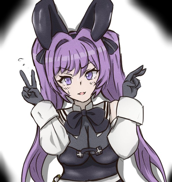 1girl adapted_costume animal_ears assault_lily bare_shoulders black_background black_bow black_bowtie black_gloves black_ribbon black_shirt blush bodystocking bow bowtie breasts cleavage commentary detached_sleeves double_v fake_animal_ears flying_sweatdrops gloves hair_intakes hair_ribbon hands_up large_breasts long_hair long_sleeves looking_at_viewer nukenin_(maato) parted_lips purple_eyes purple_hair rabbit_ears ribbon sejima_hiromu shirt solo strapless strapless_shirt striped_ribbon sweatdrop twintails two-tone_background upper_body v v-shaped_eyebrows white_background
