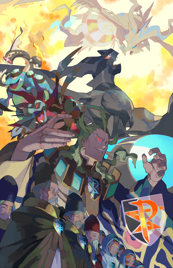 1girl 6+boys ahoge bronius_(pokemon) character_request check_character commentary_request e_volution eelektross eyepatch fingernails fire floating_hair from_below gen_5_pokemon ghetsis_(pokemon) giallo_(pokemon) green_hair hands_up hood hood_up hydreigon legendary_pokemon multiple_boys nintendo parted_lips pokemon pokemon_(creature) pokemon_bw reshiram reshiram_(overdrive) rood_(pokemon) seismitoad team_plasma team_plasma_grunt team_plasma_uniform teeth zekrom zekrom_(overdrive) zinzolin_(pokemon)