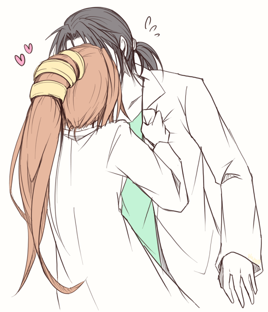 1boy 1girl assertive_female black_hair brown_hair clothes_grab couple final_fantasy final_fantasy_vii green_shirt hair_ribbon hair_tie hetero jacket_grab kiss lab_coat low_ponytail lucrecia_crescent nanao_(zonzonsh) parted_bangs ponytail professor_houjou ribbon shirt upper_body white_background yellow_ribbon