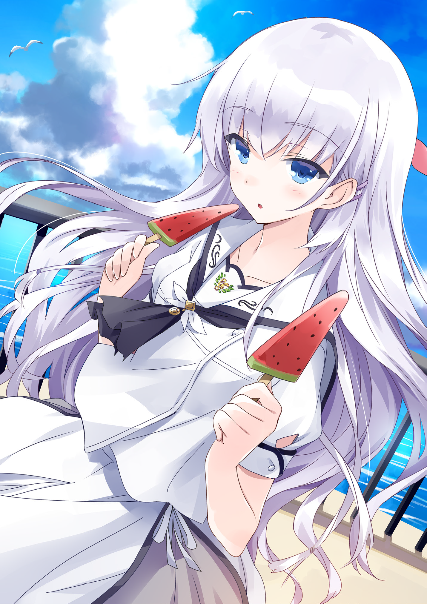 1girl ascot bird black_ascot blue_eyes blue_sky blunt_ends blush cloud commentary cowboy_shot day dual_wielding dutch_angle eyes_visible_through_hair fence floating_hair food hair_between_eyes hair_ornament hairclip hands_up highres holding holding_food holding_ice_cream ice_cream long_hair looking_at_viewer naruse_shiroha non-web_source open_mouth outdoors popsicle puffy_short_sleeves puffy_sleeves sailor_collar seagull shirt short_sleeves sidelocks skirt sky solo standing summer_pockets usatsuka_eiji very_long_hair watermelon_bar white_hair white_sailor_collar white_shirt white_skirt