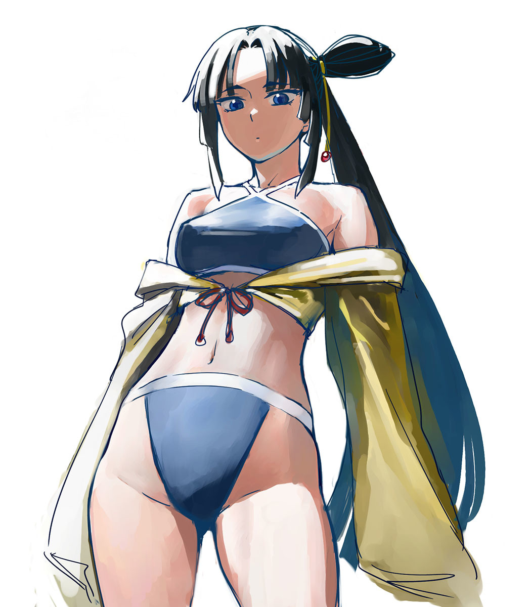 1girl asymmetrical_hair b_suke bikini black_hair blue_bikini blue_eyes breasts criss-cross_halter expressionless fate/grand_order fate_(series) halterneck highleg highleg_swimsuit highres jacket looking_at_viewer one_side_up parted_bangs simple_background small_breasts solo swimsuit ushiwakamaru_(fate) ushiwakamaru_(fate/grand_order) ushiwakamaru_(swimsuit_assassin)_(fate) ushiwakamaru_(swimsuit_assassin)_(first_ascension)_(fate) white_background yellow_jacket