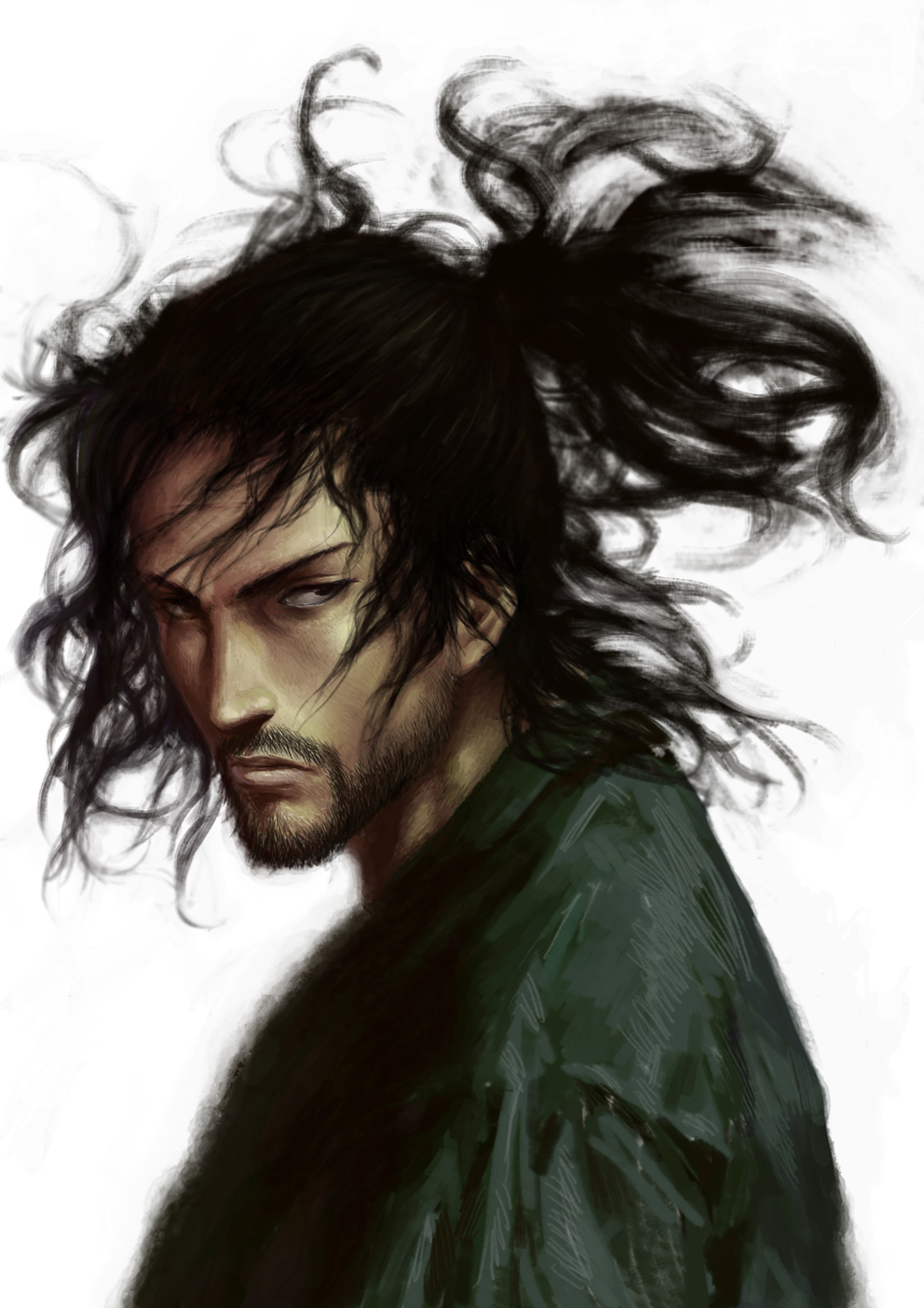 1boy bad_id bad_pixiv_id beard black_hair facial_hair frown gradient_background highres long_hair male_focus miyamoto_musashi ponytail portrait solo vagabond zhoujialin