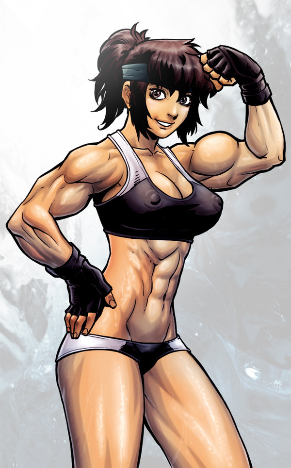 1girl abs breasts brown_eyes brown_hair cleavage covered_erect_nipples daimon_akiko danusko female_focus fingerless_gloves gloves hand_on_own_hip headband midriff muscular navel ponytail short_ponytail short_shorts shorts solo sports_bra taisen_hot_gimmick taisen_hot_gimmick_4ever toned