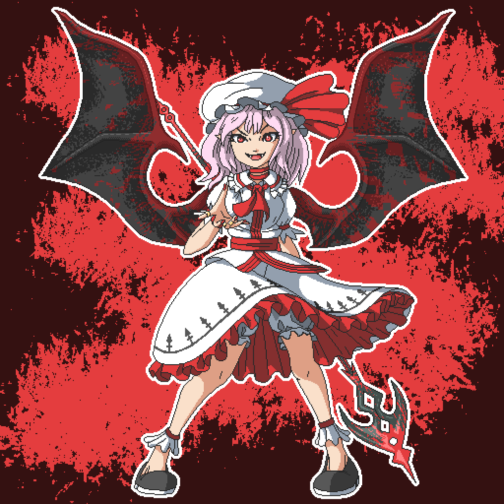 1girl aksawshin ascot bat_wings black_footwear blood collared_shirt fang fangs frilled_shirt_collar frilled_skirt frilled_sleeves frills full_body hat hat_ribbon jewelry light_purple_hair looking_at_viewer mob_cap pixel_art puffy_short_sleeves puffy_sleeves red_ascot red_eyes red_nails red_ribbon remilia_scarlet ribbon ring sash shirt short_hair short_sleeves skirt skirt_set smile solo spear_the_gungnir standing touhou white_hat white_shirt white_skirt wings wrist_cuffs