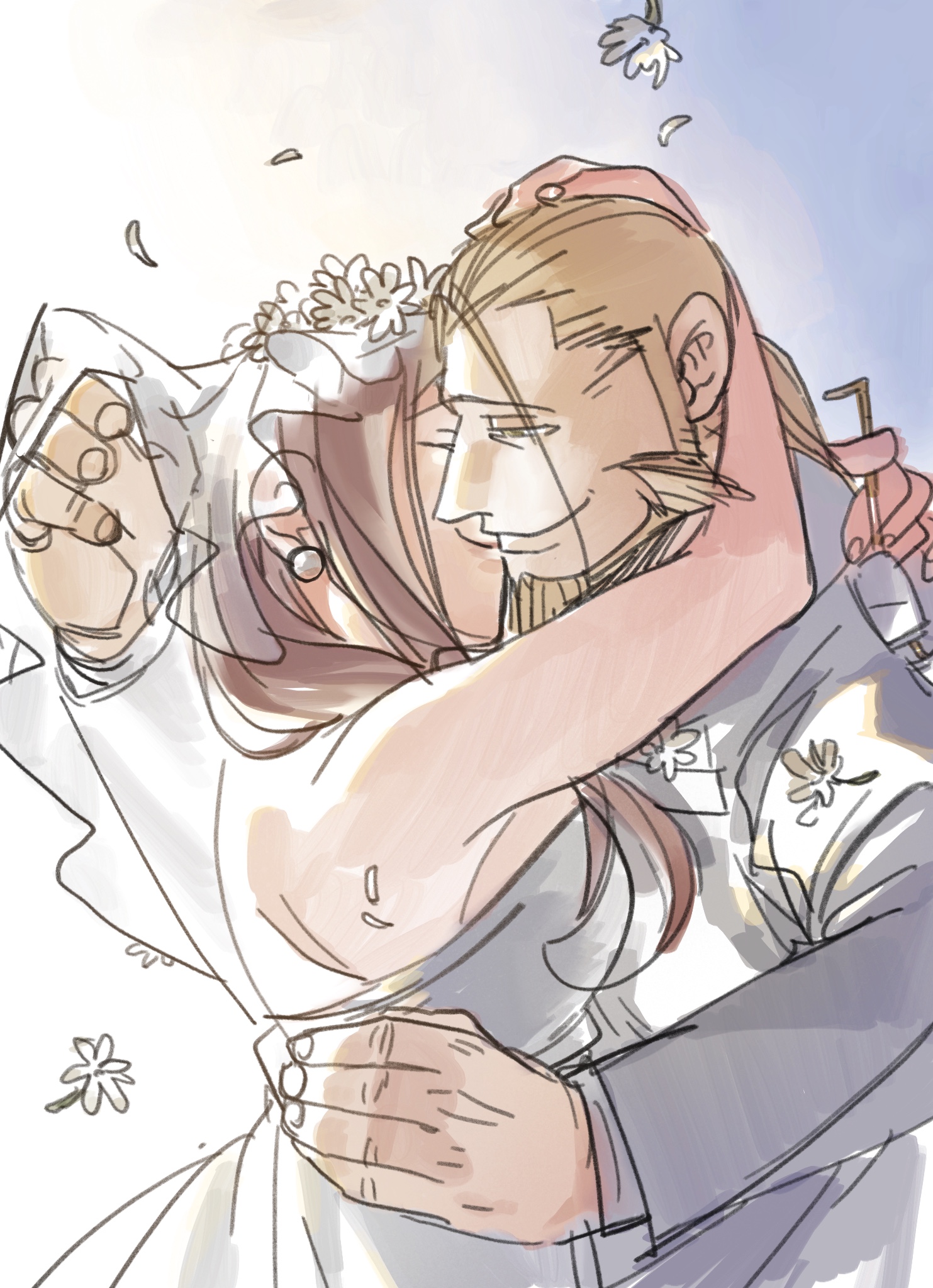 1boy 1girl armpit_crease arms_around_neck back backlighting bare_arms bare_shoulders beard beige_background blackfoxes blonde_hair blue_background breasts bridal_veil brown_hair cheek-to-cheek closed_eyes closed_mouth couple daisy dress earrings facial_hair fingernails flower formal_clothes fullmetal_alchemist glasses gradient_background grey_background hair_over_shoulder half-closed_eyes hand_on_another's_head hand_on_another's_hip hand_up happy head_wreath heads_together hetero highres hug husband_and_wife jewelry jitome lips long_hair looking_down medium_breasts pearl_earrings petals shoulder_blades sideboob simple_background smile straight_hair strapless strapless_dress suit trisha_elric van_hohenheim veil wedding_dress white_background white_dress white_flower white_suit