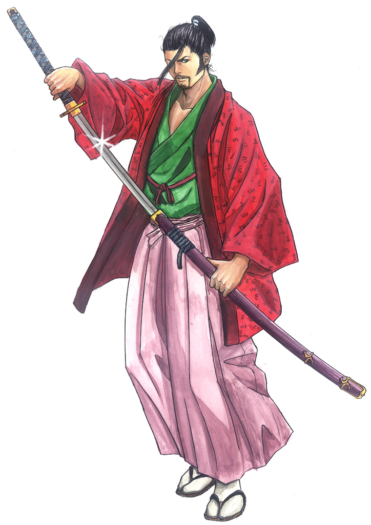 1boy beard dan_(kumadan) facial_hair glint hakama hakama_pants haori hon&#039;iden_matahachi japanese_clothes katana male_focus pants pink_hakama samurai sandals sheath simple_background solo sword tabi topknot traditional_media unsheathing vagabond weapon white_background zouri