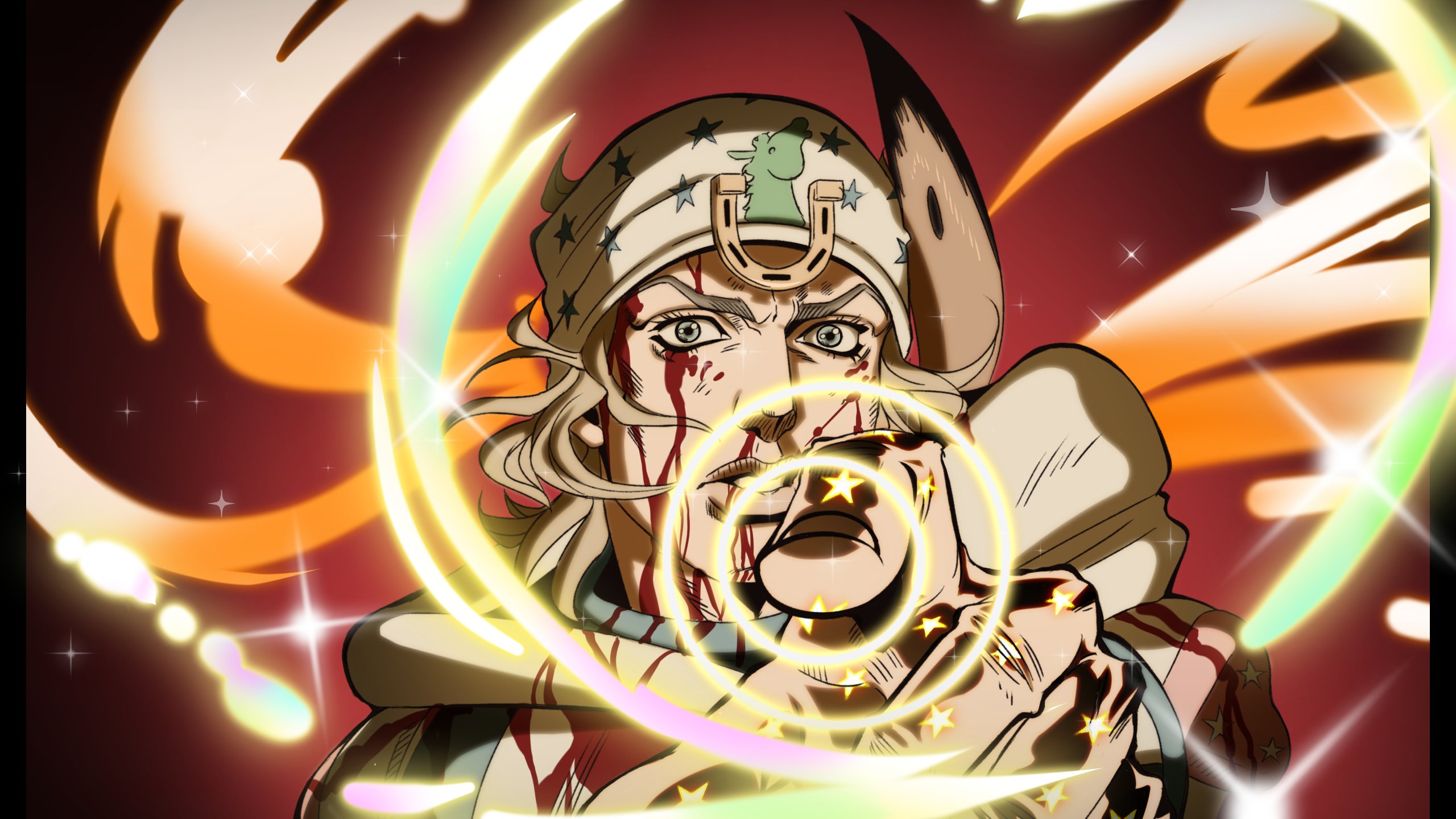 1boy blood blood_on_face blood_splatter blue_eyes grandguerrilla highres horseshoe johnny_joestar jojo_no_kimyou_na_bouken looking_at_viewer male_focus pointing pointing_at_viewer solo steel_ball_run upper_body wide-eyed