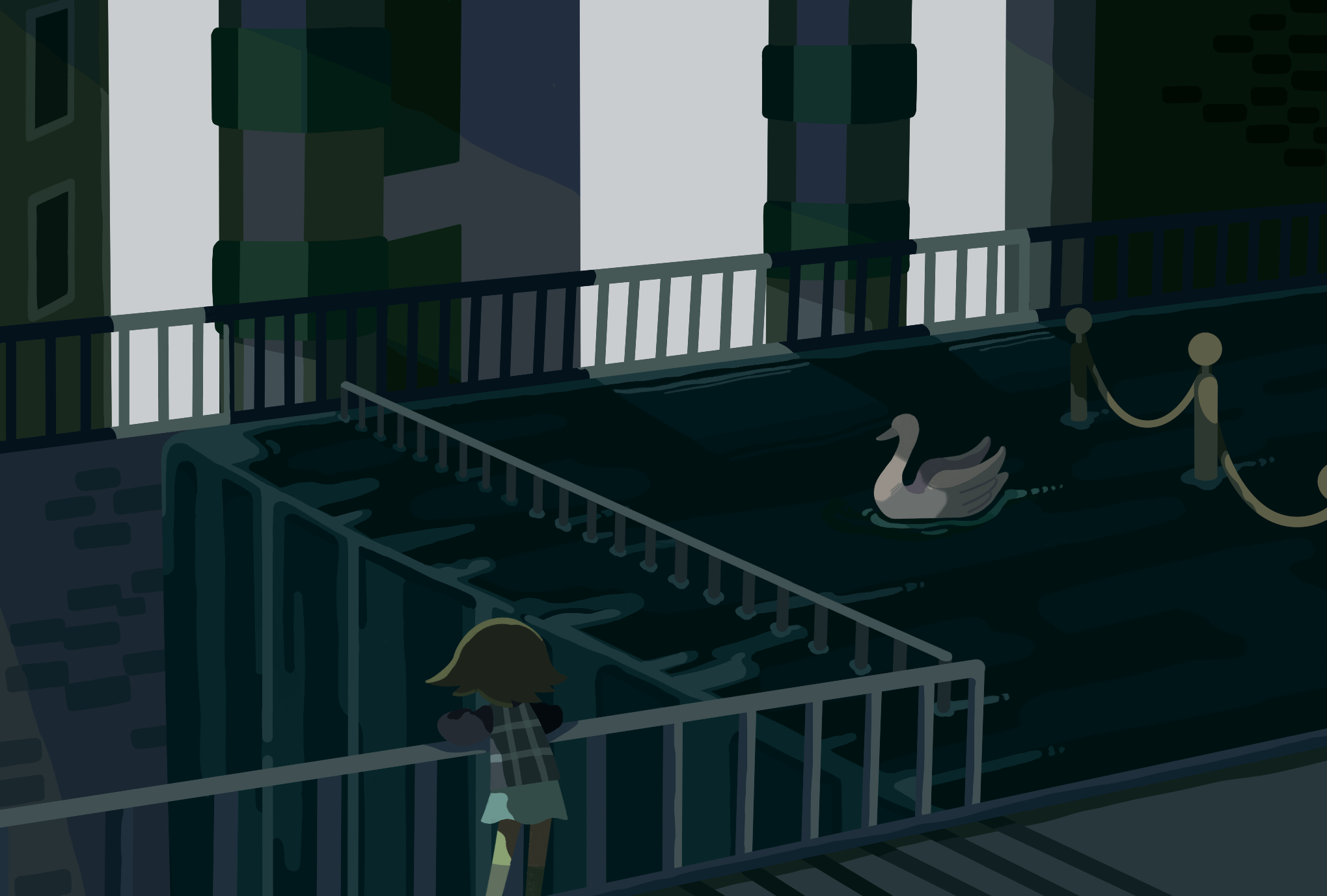 1girl afloat against_railing bird black_sweater blonde_hair brick_wall column facing_away feet_out_of_frame flipped_hair from_behind grey_vest highres kneehighs leaning_forward long_sleeves looking_at_animal pillar plaid_clothes plaid_vest railing sewer short_hair skirt socks solo standing suyazzz_(soyoyon) swan sweater urotsuki vest water waterfall white_skirt wide_shot yume_2kki