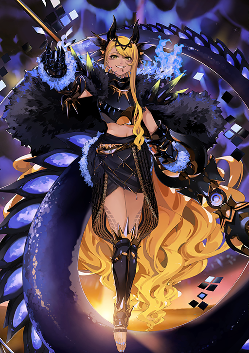 1girl arm_armor armor black_armor black_boots black_cape black_horns black_skirt blonde_hair blue_fire blue_nails blue_tail boots breastplate breasts cape chin_piercing crop_top dragon_girl dragon_tail facial_mark fate/grand_order fate_(series) fire full_body fur_cape game_cg gauntlets grin hair_ornament hand_up high_collar holding holding_behind_back holding_polearm holding_polearm_behind_back holding_weapon holding_weapon_behind_back horns la-na leg_armor legs_together long_hair long_sidelocks long_tail looking_at_viewer midriff miniskirt navel official_art open-toe_boots outstretched_arm polearm scales sidelocks single_sidelock skirt smile solo spikes standing swept_bangs tail teeth third-party_source toenails toes variant_set very_long_hair vritra_(fate) vritra_(third_ascension)_(fate) weapon yellow_eyes