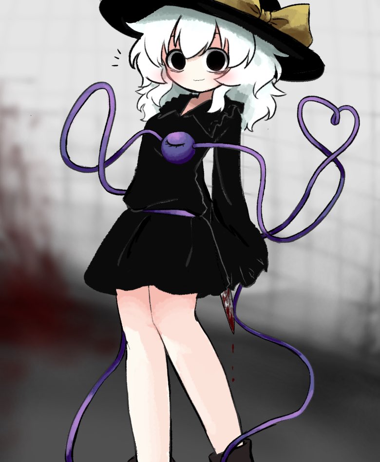 1girl alternate_color black_dress black_eyes black_hat blood blood_on_ground blood_on_wall bloody_knife blurry blurry_background blush boots bow brown_boots closed_mouth collared_dress dress frilled_shirt_collar frills green_hair hat hat_bow heart heart_of_string heripantomorrow holding holding_behind_back holding_knife holding_knife_behind_back knife komeiji_koishi long_sleeves looking_at_viewer notice_lines solid_circle_eyes third_eye tile_wall tiles touhou yellow_bow