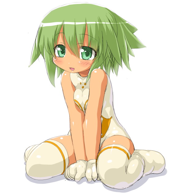 10s 1girl :d bad_id bad_pixiv_id bare_shoulders between_legs blush busou_shinki dd_(ijigendd) doll_joints female_focus gloves green_eyes green_hair joints looking_at_viewer maochao matching_hair/eyes open_mouth short_hair simple_background sitting smile solo thighhighs v_arms wariza white_background white_thighhighs
