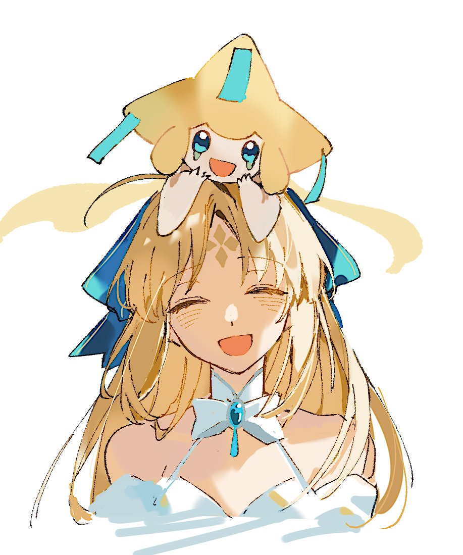 1girl artoria_caster_(fate) artoria_caster_(swimsuit_berserker)_(fate) artoria_caster_(swimsuit_berserker)_(third_ascension)_(fate) artoria_pendragon_(fate) blonde_hair blue_eyes blue_ribbon blush closed_eyes crossover facial_mark fate/grand_order fate_(series) forehead_mark gen_3_pokemon hair_ribbon jirachi legendary_pokemon long_hair mythical_pokemon nintendo on_head open_mouth parted_bangs pokemon pokemon_(creature) ribbon simple_background smile ss_un17 swimsuit very_long_hair white_background