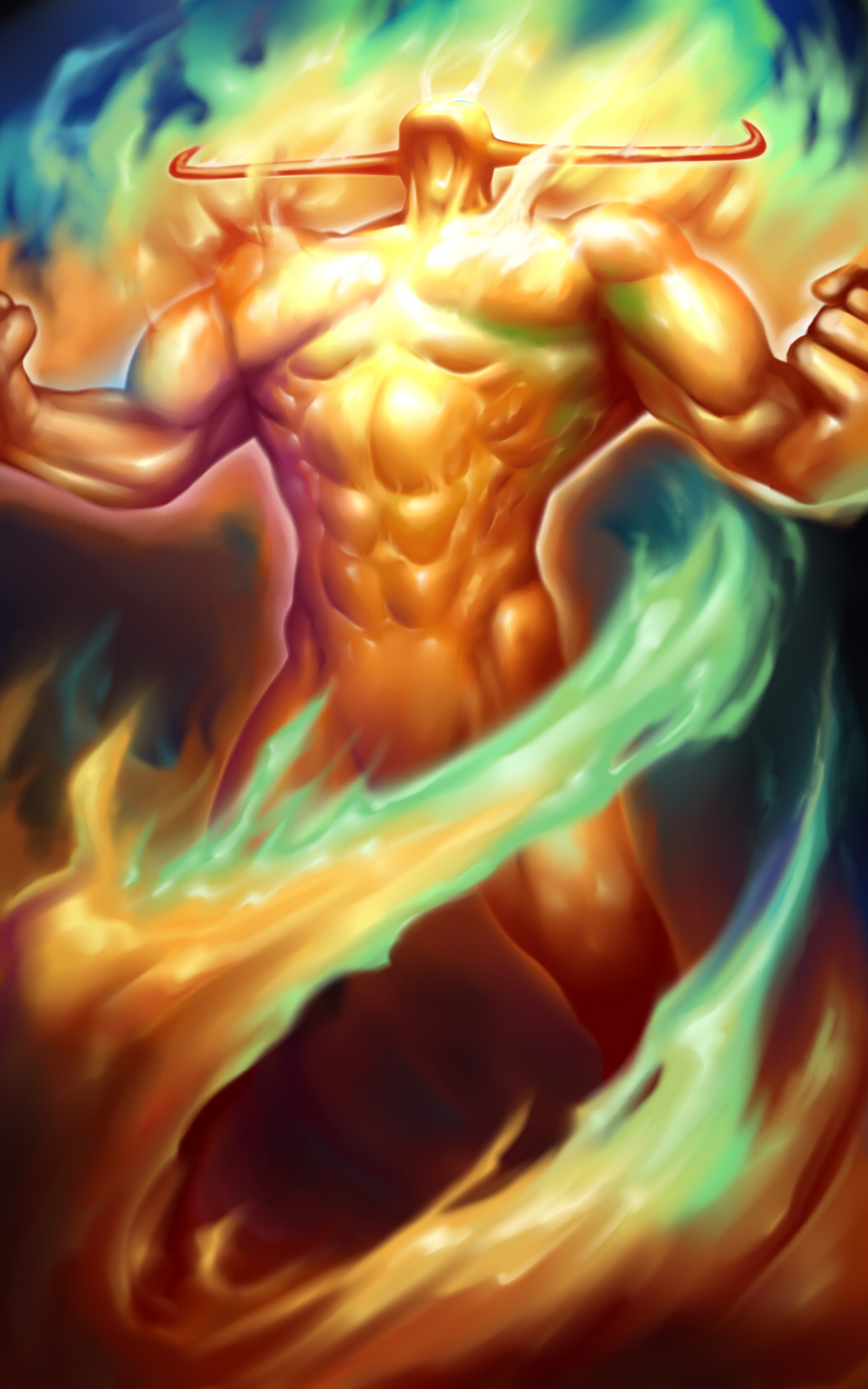 1boy abs alien aura bad_id bad_pixiv_id capcom clenched_hand convenient_censoring elemental_(creature) energy energy_being fire fire_censor fire_elemental flaming_eyes glowing glowing_eyes highres horns male_focus monster monster_boy muscular muscular_male nude plasma pyron rampage_(leedash2) solo topless_male darkstalkers