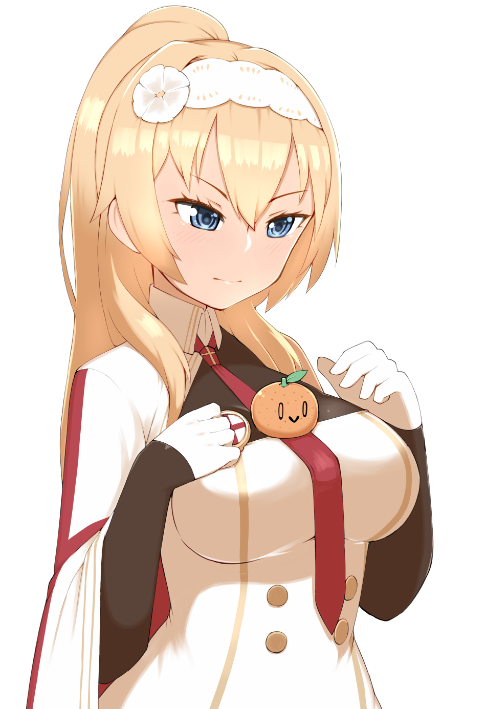 1girl bad_id bad_pixiv_id blonde_hair blue_eyes blush breasts cap105 capelet closed_mouth commentary_request cross duke_of_york_(warship_girls_r) female_focus food fruit gloves hairband half_gloves hands_on_own_chest high_ponytail highres large_breasts looking_down necktie orange_(fruit) ponytail red_necktie solo tawawa_challenge tsurime upper_body warship_girls_r white_gloves