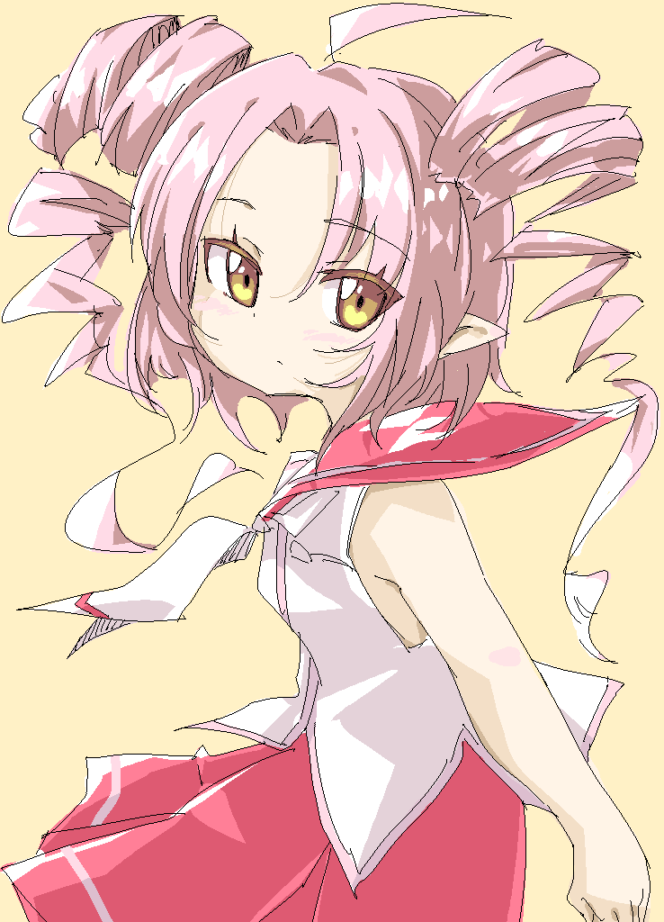 1girl ahoge closed_mouth croixsan drill_hair eyes_visible_through_hair floating_neckwear jaggy_lines necktie onikko_hunter_tsuina-chan pink_hair pointy_ears red_sailor_collar red_skirt sailor_collar shirt simple_background skirt sleeveless sleeveless_shirt solo tsuina-chan twin_drills voiceroid white_necktie white_shirt yellow_background yellow_eyes