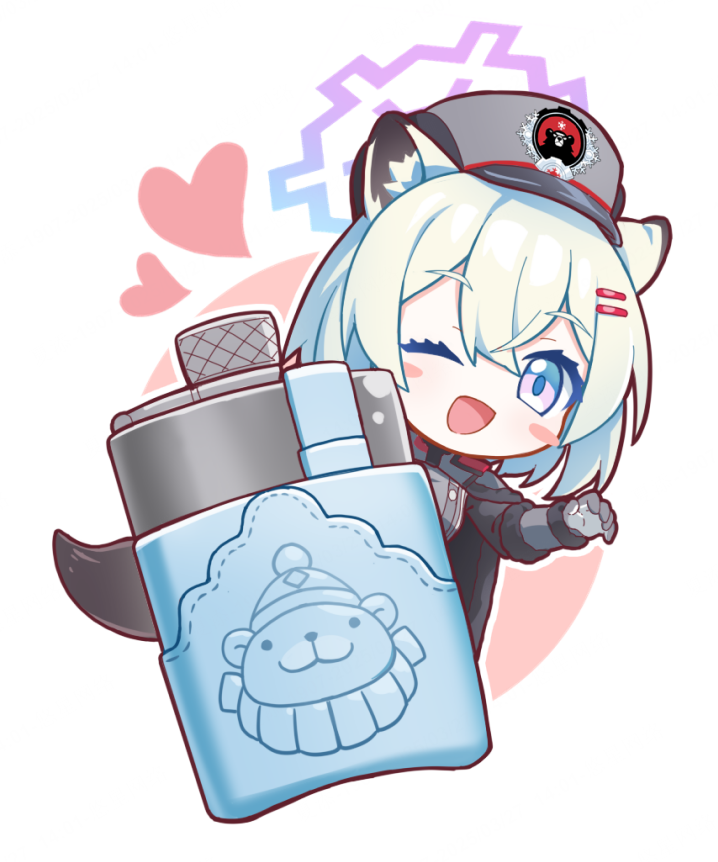 1girl ;d =_hair_ornament animal_ear_fluff animal_ears blue_archive blush_stickers chibi chibi_only commentary double-parted_bangs full_body gloves green_hair grey_gloves grey_hat hair_between_eyes hair_ornament hairclip halo happy hat heart hip_flask looking_at_viewer medium_hair needle_(574187457) one_eye_closed open_mouth peaked_cap pink_halo purple_eyes red_winter_federal_academy_logo shigure_(blue_archive) simple_background smile tail weasel_ears weasel_girl weasel_tail white_background