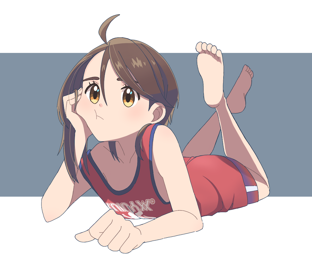 1girl :t ahoge alternate_costume barefoot brown_eyes brown_hair clenched_hand closed_mouth eyelashes feet full_body grey_background head_rest juliana_(pokemon) long_hair lying nintendo on_stomach pokemon pokemon_sv red_shirt shirt shorts sleeveless sleeveless_shirt soles solo suimoku_(hzdg5322) tank_top the_pose toes
