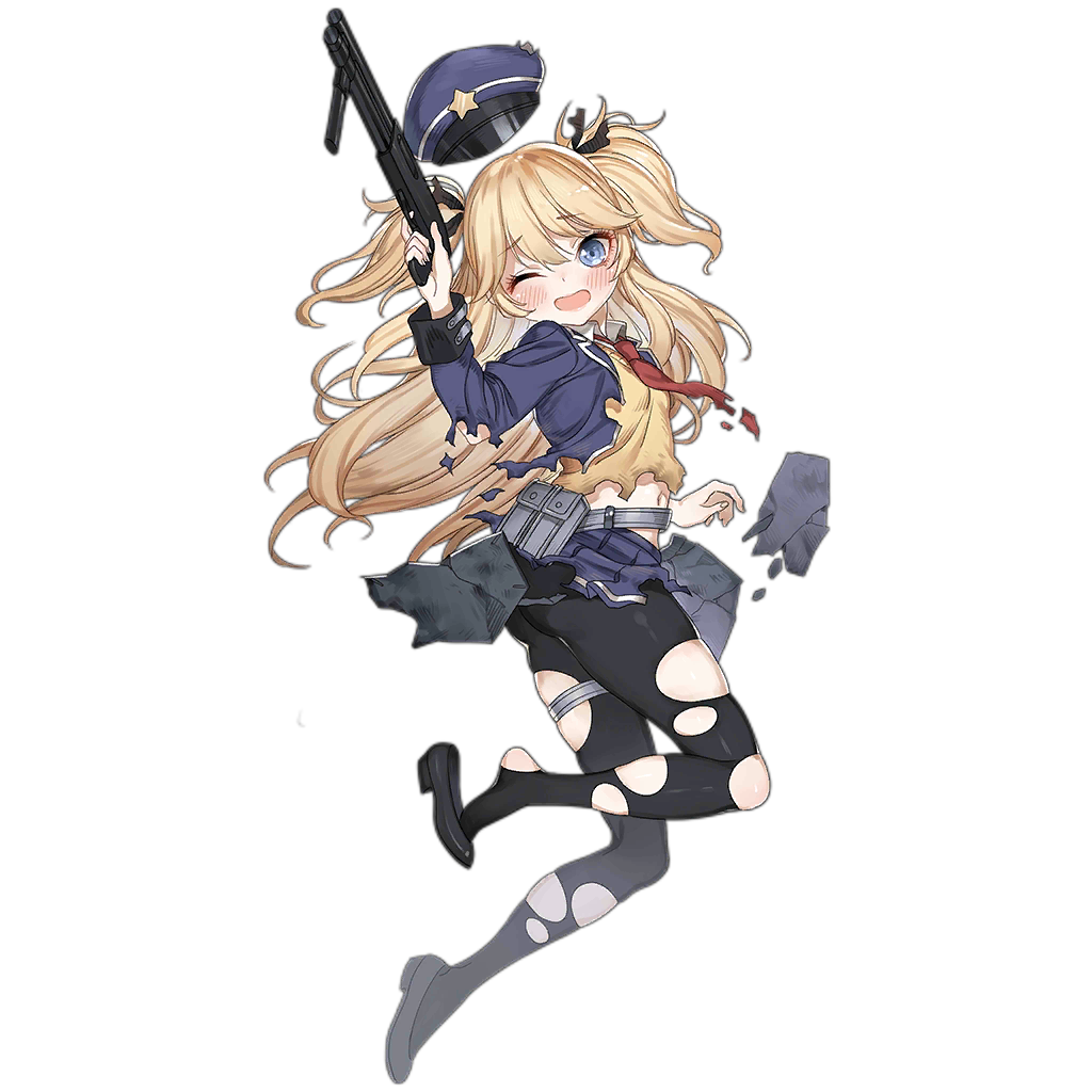 1girl ass black_footwear blonde_hair blue_eyes blue_jacket blue_skirt blush collared_shirt full_body girls&#039;_frontline gun haijin hair_ribbon hat holding holding_gun holding_weapon jacket long_hair navel necktie official_art one_eye_closed open_mouth pantyhose police_hat red_necktie ribbon serbu_super-shorty shield shield_module shirt shoe_dangle shotgun skirt solo super-shorty_(girls&#039;_frontline) sweater_vest thigh_strap torn_clothes torn_pantyhose transparent_background weapon white_shirt