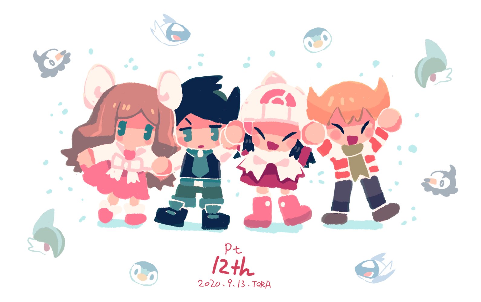 2boys 2girls :d anniversary arms_up barry_(pokemon) beanie black_footwear black_hair black_vest blonde_hair blush blush_stickers boots bow brown_footwear brown_hair caitlin_(pokemon) chibi closed_mouth commentary_request dated dawn_(pokemon) dress full_body gallade gen_3_pokemon gen_4_pokemon green_eyes green_necktie green_pants green_scarf grey_pants hat latios legendary_pokemon long_hair multiple_boys multiple_girls necktie nintendo open_mouth orange_shirt pants pink_boots pink_dress pink_skirt pink_socks piplup pokemon pokemon_(creature) pokemon_dppt pokemon_platinum scarf shirt shoes short_hair simple_background skirt smile socks standing starly striped_clothes striped_shirt thorton_(pokemon) tora_(ctiger) vest white_background white_bow white_hat white_scarf white_shirt