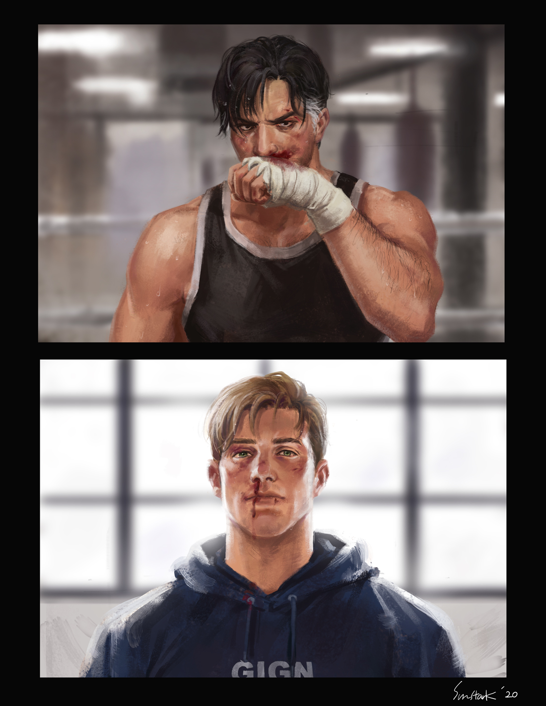 2boys arm_up artist_name bandaged_hand bandages bare_shoulders black_border black_hair black_hoodie black_tank_top blonde_hair blood blood_on_face bloody_bandages blue_eyes blurry blurry_background border boxing brown_eyes bruise bruise_on_face bruised_eye dated doc_(rainbow_six_siege) gign grey_hair gym highres hood hood_down hoodie injury lion_(rainbow_six_siege) looking_ahead male_focus multiple_boys nosebleed parted_bangs punching_bag rainbow_six_siege sideburns sun_stark tank_top upper_body window wiping_face