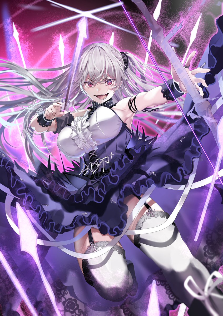 1girl armpits arrow_(projectile) bare_arms bare_shoulders blade_skill_online bow_(weapon) center_frills collar crazy_grin frilled_collar frilled_cuffs frilled_shirt frills garter_straps glowing hair_ornament hair_scrunchie highres holding holding_arrow lace lace-trimmed_legwear lace_trim layered_skirt long_hair purple_skirt purple_thighhighs red_eyes scrunchie shimofuri shirt skirt sleeveless sleeveless_shirt solo thighhighs underbust weapon white_hair yuri_(blade_skill_online)