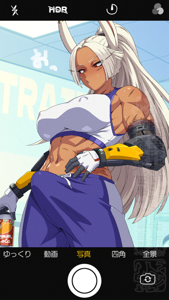 1girl abs animal_ears boku_no_hero_academia breasts bulge carrot covered_erect_nipples cyborg dark_skin drawstring erection erection_under_clothes fake_phone_screenshot fake_screenshot futanari large_breasts long_eyelashes long_hair mikoyan mirko muscular muscular_female ponytail prosthesis prosthetic_arm rabbit_ears red_eyes scar scar_on_arm scar_on_face scar_on_stomach shorts soda sports_bra sportswear sweat watermark white_hair