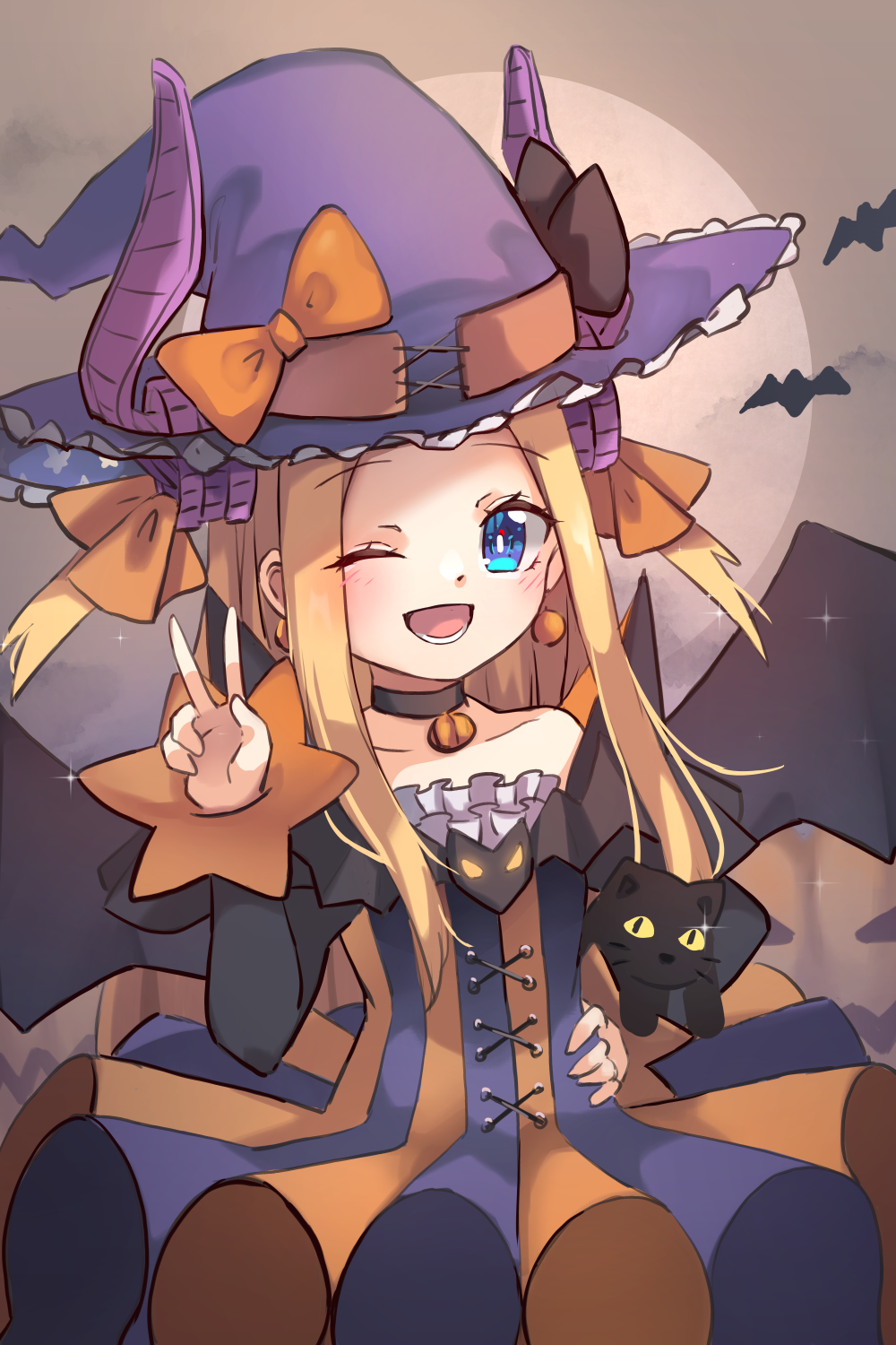 1girl ;d abigail_williams_(fate) black_bow black_cat blonde_hair blue_eyes blush bow breasts cat choker cosplay dress elizabeth_bathory_(fate) elizabeth_bathory_(halloween_caster)_(fate) elizabeth_bathory_(halloween_caster)_(fate)_(cosplay) fate/grand_order fate_(series) forehead halloween_costume hat highres horns long_hair looking_at_viewer miya_(miyaruta) one_eye_closed open_mouth orange_bow parted_bangs sidelocks small_breasts smile solo two_side_up v witch_hat