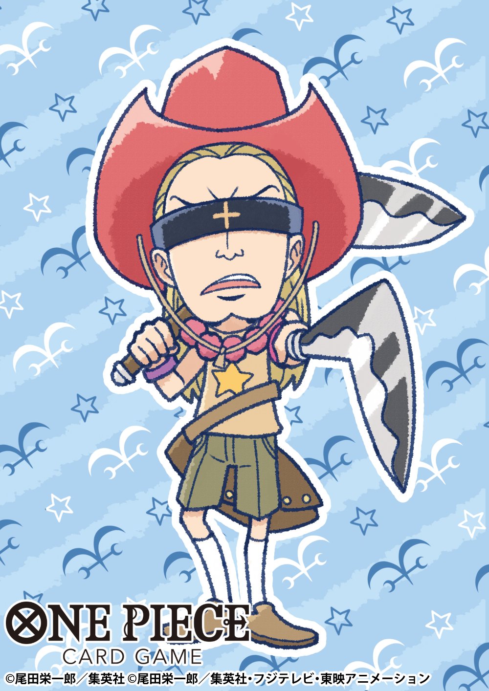 1boy blonde_hair bracelet commentary_request copyright_name green_shorts hat helmeppo highres holding holding_weapon jewelry kneehighs koushi_rokushiro male_focus official_art one_piece one_piece_card_game open_mouth red_hat shorts socks solo star_(symbol) sunglasses weapon white_socks