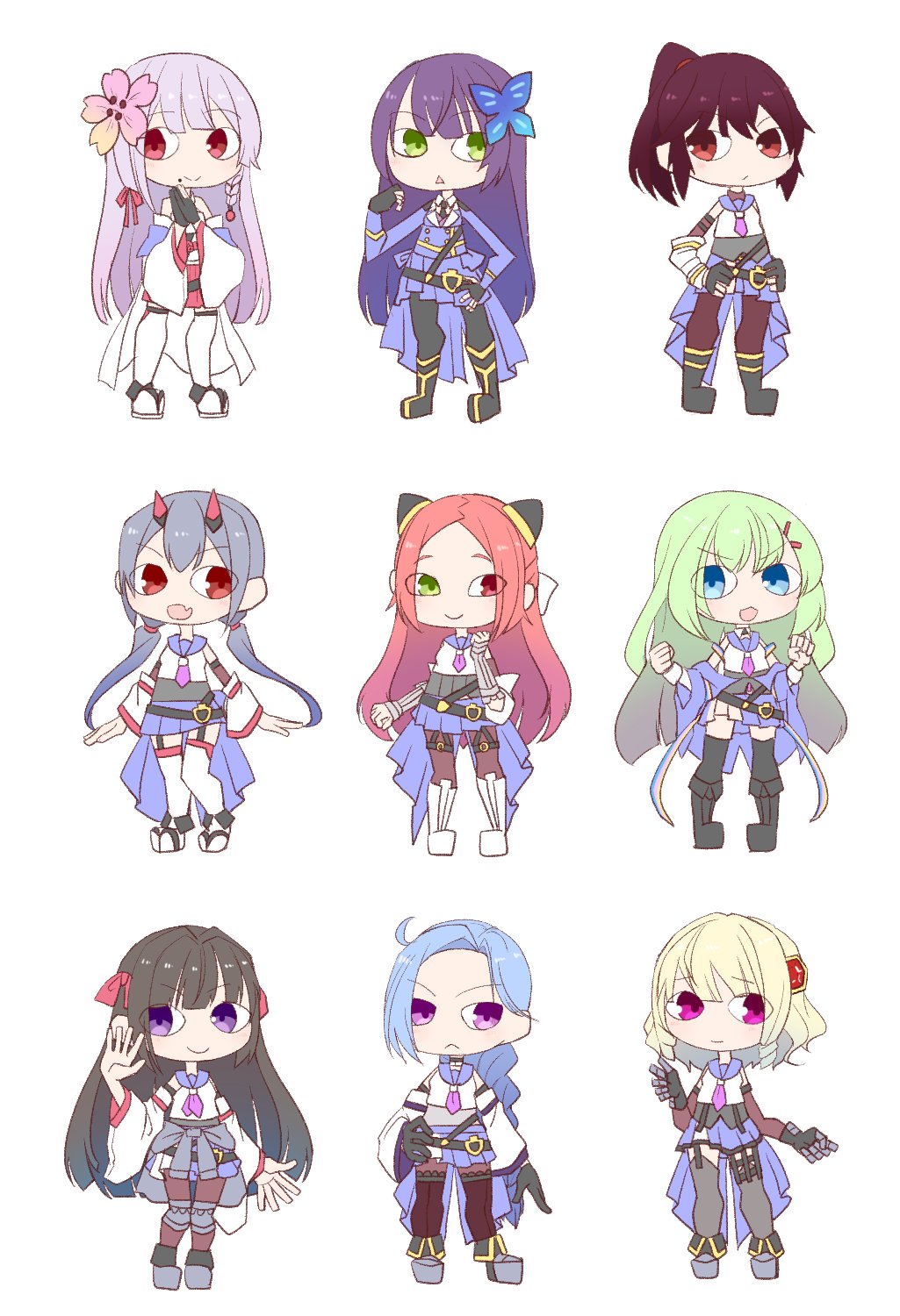 6+girls :&lt; :d ahoge ankle_boots arms_at_sides assault_lily bare_shoulders belt black_belt black_footwear black_gloves black_pantyhose black_thighhighs blonde_hair blue_eyes blue_hair blue_jacket blue_sailor_collar blue_skirt boots braid braided_ponytail brown_hair brown_pantyhose butterfly_hair_ornament chibi clenched_hands closed_mouth clothes_around_waist collared_shirt commentary crop_top detached_sleeves fang flower fujita_asagao funada_kiito funada_ui garter_straps gauntlets gem gem_hair_ornament gloves green_eyes green_hair grey_footwear grey_hair grey_shirt grey_thighhighs gumoyu hair_flower hair_ornament hair_ribbon hairclip hairpods hand_on_own_hip hand_up hands_on_own_hips hands_up heterochromia high_ponytail highres horns igusa_subaru imamura_yukari_(assault_lily) jacket japanese_clothes kawabata_hotaru kimono kimono_skirt knee_boots knee_pads kozue_west layered_sleeves light_blush long_hair long_sleeves looking_at_viewer low_ponytail low_twintails mechanical_horns miniskirt mole mole_under_mouth multiple_girls nagasawa_yuki_(assault_lily) neckerchief o-ring_strap odaiba_girls_high_school_uniform off_shoulder open_hand open_mouth own_hands_together palms_together pantyhose parted_bangs parted_lips partially_fingerless_gloves pink_eyes pink_flower pleated_skirt ponytail purple_eyes purple_hair purple_neckerchief red_eyes red_gemstone red_hair red_horns red_ribbon ribbon sailor_collar sandals school_uniform shiba_tomoshibi shirt short_kimono short_sleeves siblings side_braid simple_background single_braid sisters skin_fang skirt sleeveless sleeveless_shirt sleeves_past_wrists smile standing thigh_strap thighhighs thighhighs_over_pantyhose triangle_mouth twintails undershirt v-shaped_eyebrows very_long_hair waist_cape white_background white_footwear white_kimono white_shirt white_thighhighs wide_sleeves zouri