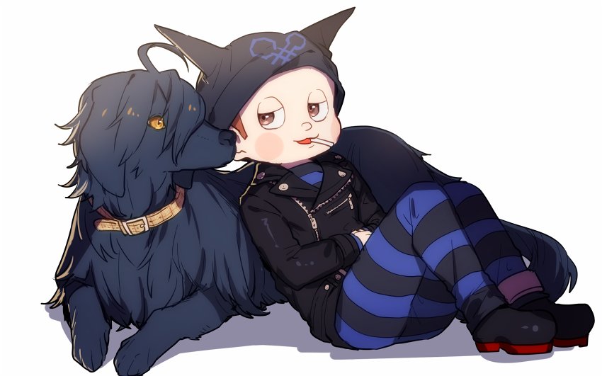 1boy animal_collar beanie belt belt_buckle black_belt black_hat black_jacket black_pants black_shirt black_shoes blue_pants blush_stickers brown_collar brown_hair buckle buttons cigarette collar collared_jacket commentary_request danganronpa_(series) danganronpa_v3:_killing_harmony dog fake_horns forehead full_body grey_eyes half-closed_eyes hat horned_headwear horns hoshi_ryoma jacket knees_up kogarashi_8 lapels layered_sleeves leaning_on_animal leather leather_jacket long_sleeves looking_at_animal male_focus mouth_hold notched_lapels one-hour_drawing_challenge open_mouth pants plaid_clothes plaid_collar pocket shadow shirt shoes short_hair single_ankle_cuff sitting smile solo striped_clothes striped_pants striped_shirt two-tone_pants white_background zipper zipper_pull_tab