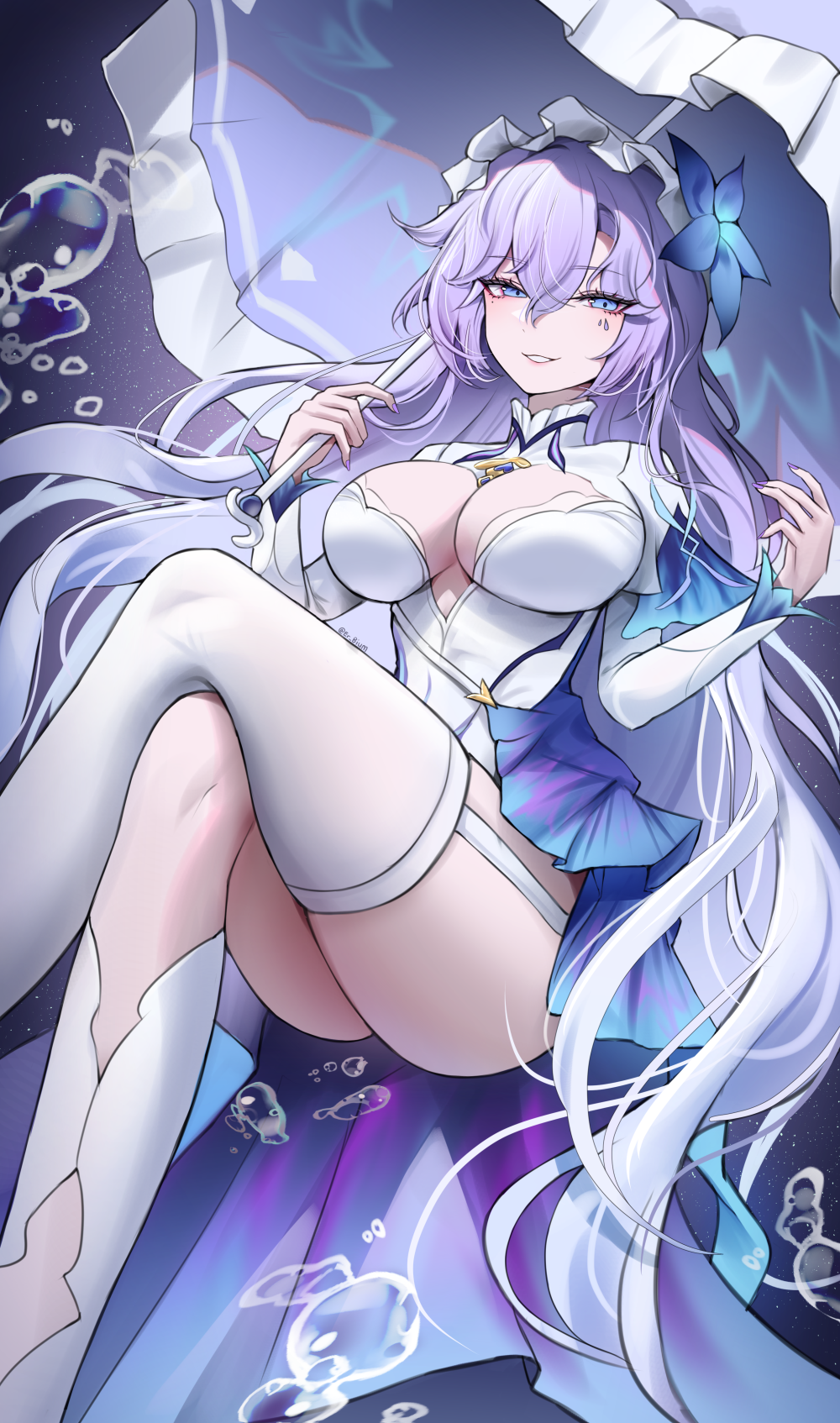 1girl asymmetrical_legwear blue_eyes blue_flower breasts bubble cantarella_(wuthering_waves) commentary crossed_legs dress erbium facial_mark fingernails flower foot_out_of_frame garter_straps hair_between_eyes hair_flower hair_ornament headdress highres holding holding_umbrella kneehighs large_breasts long_hair looking_at_viewer mark_under_eye nail_polish parted_lips purple_hair purple_nails purple_umbrella shrug_(clothing) single_kneehigh single_sock single_thighhigh smile socks solo thighhighs thighs umbrella uneven_legwear very_long_hair white_dress white_garter_straps white_shrug white_socks white_thighhighs wuthering_waves