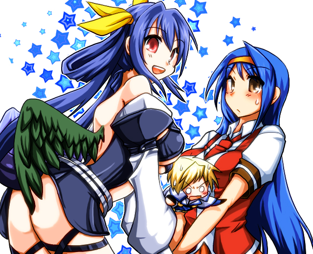 1boy 2girls angel_wings arcana_heart ass asymmetrical_wings bare_shoulders blue_hair blush breasts brown_eyes chibi crossover dizzy_(guilty_gear) hair_ribbon headband holding_hands ky_kiske long_hair looking_at_viewer looking_back m.u.g.e.n misono_gakuen_school_uniform multiple_girls necktie orange_headband red_eyes red_necktie red_vest ribbon ryuuri_(aoithigo) school_uniform smile star_(symbol) sweatdrop tail tsuzura_saki very_long_hair vest white_background wings yellow_ribbon
