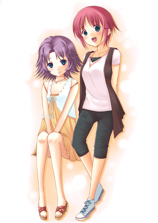 2girls banpresto blue_eyes casual dress green_eyes jewelry latune_subbota mai_kobayashi multiple_girls necklace pink_hair sandals short_hair super_robot_wars super_robot_wars_original_generation taha