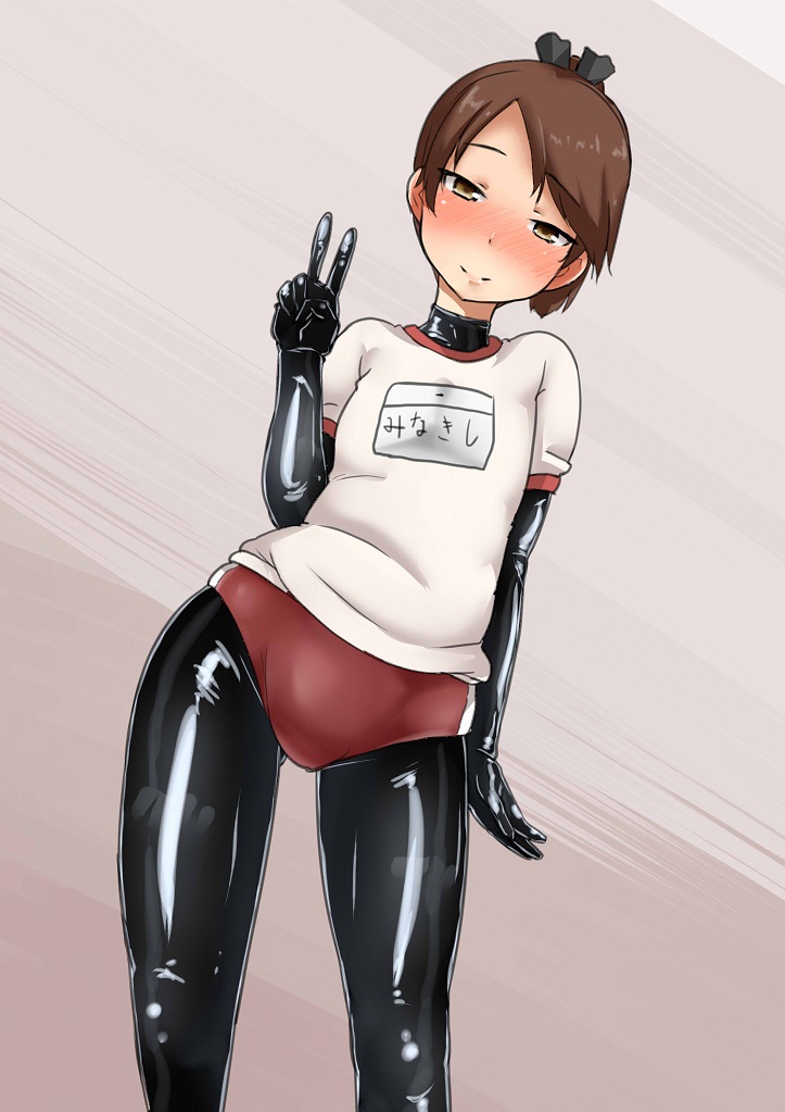 1girl alternate_costume arm_at_side ayuayu_(shouyu_no_sato) black_bow blush bodysuit bodysuit_under_clothes bow breasts brown_eyes brown_hair buruma closed_mouth contrapposto cowboy_shot female_focus flat_chest gym_shirt hair_bow hand_up head_tilt kantai_collection latex lips looking_at_viewer name_tag shikinami_(kancolle) shirt skin_tight solo standing striped_buruma striped_clothes tsurime v