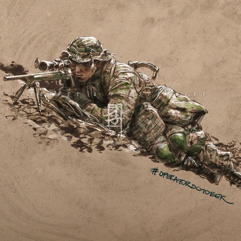 1boy aiming bipod black_boots black_gloves boonie_hat boots brown_hat brown_jacket brown_pants brown_theme camouflage camouflage_hat camouflage_jacket camouflage_pants combat_boots commentary english_commentary gloves gun hashtag hat jacket japan_ground_self-defense_force japan_self-defense_force knee_pads light_brown_background load_bearing_equipment long_sleeves looking_through_scope lying male_focus mar-c! military military_combat_uniform military_fatigues military_hat military_jacket military_uniform on_back on_ground original pants rifle sniper_rifle soldier solo traditional_media watermark weapon