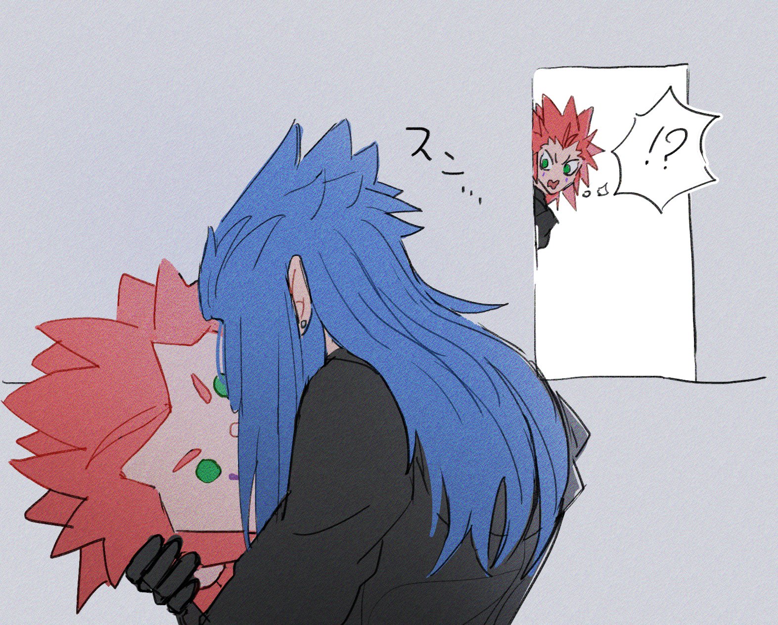 !? 2boys axel_(kingdom_hearts) blue_hair character_doll doll doorway earrings facial_mark green_eyes highres holding holding_stuffed_toy hug jewelry kingdom_hearts long_hair male_focus multiple_boys open_mouth pointy_ears red_hair saix speech_bubble squidkid528 stuffed_toy surprised yaoi